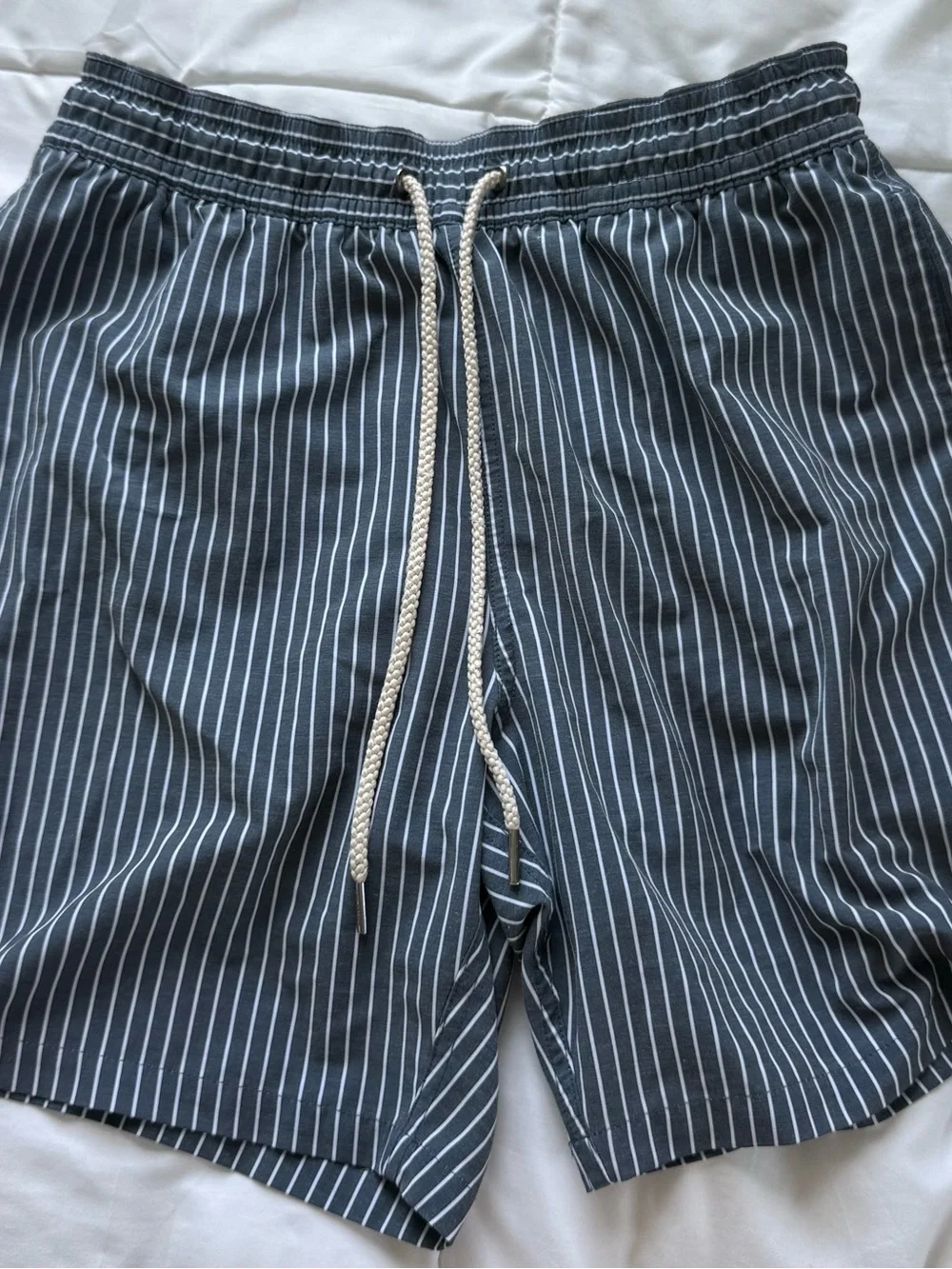Fair Harbor Charcoal Pinstripe Swim Trunks with White Drawstring
